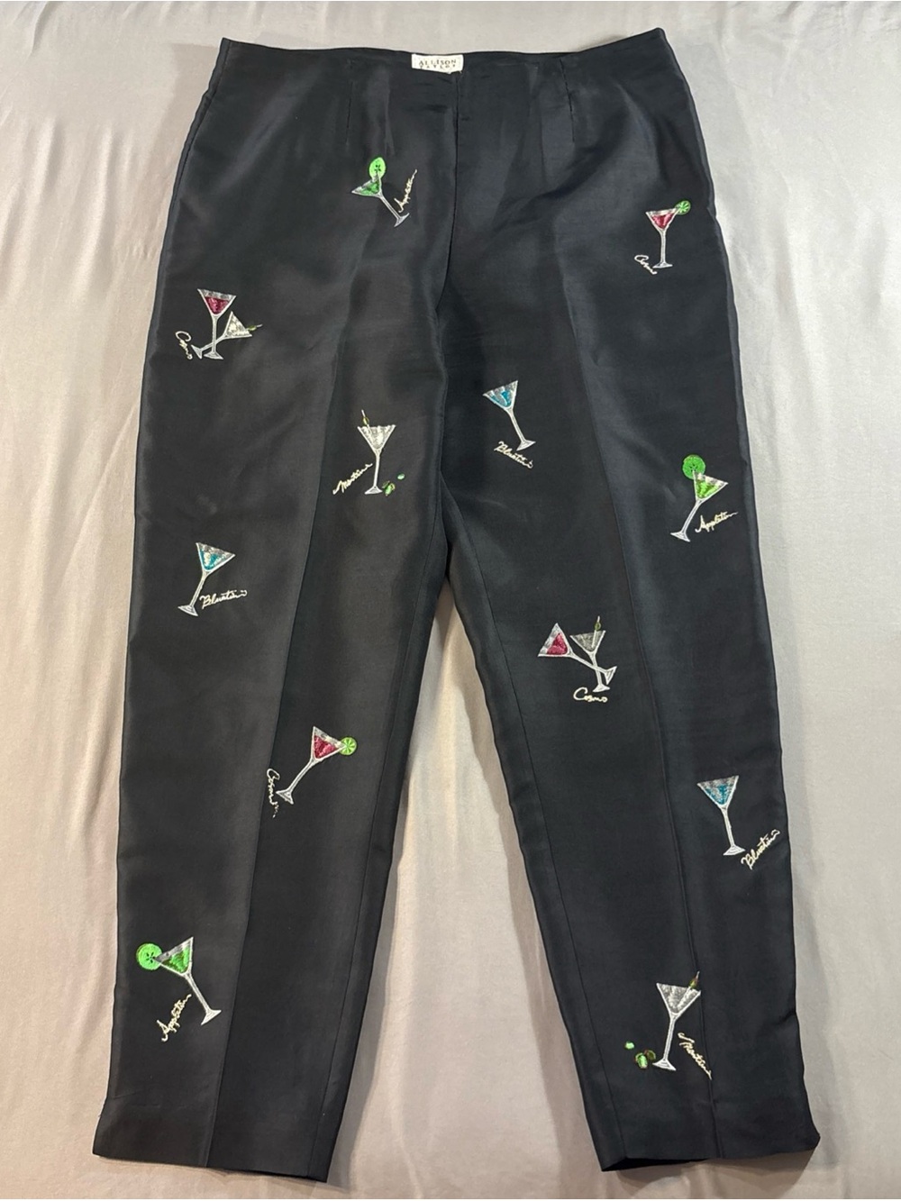 Allison Taylor Martini Glass 100% Silk Black Pants Embroidered Party Cocktail 12